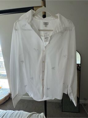 J. Crew White Button-Up Shirt with Crystal Bow Accents
